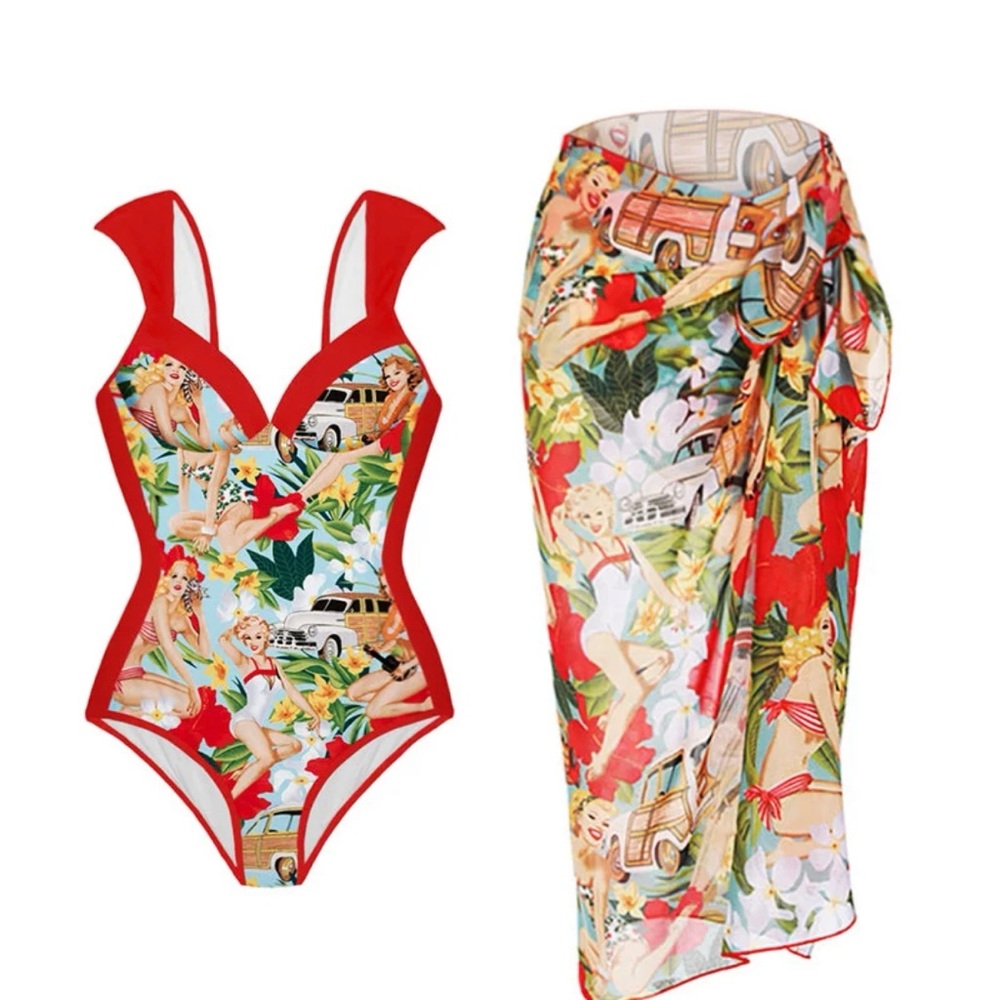 Swimsuits for all Retro Printed Marilyn Monroe One-Piece Swimsuit and Sarong